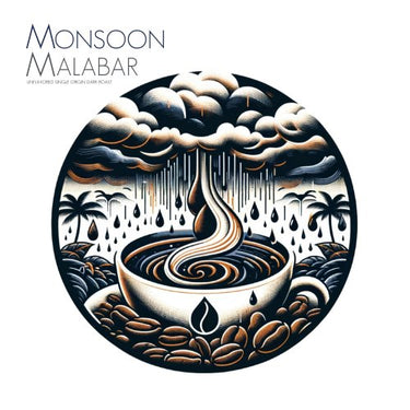 Illustration: a coffee cup in the center, surrounded by coffee beans, palm trees, and dark clouds raining into the cup. Above, text reads